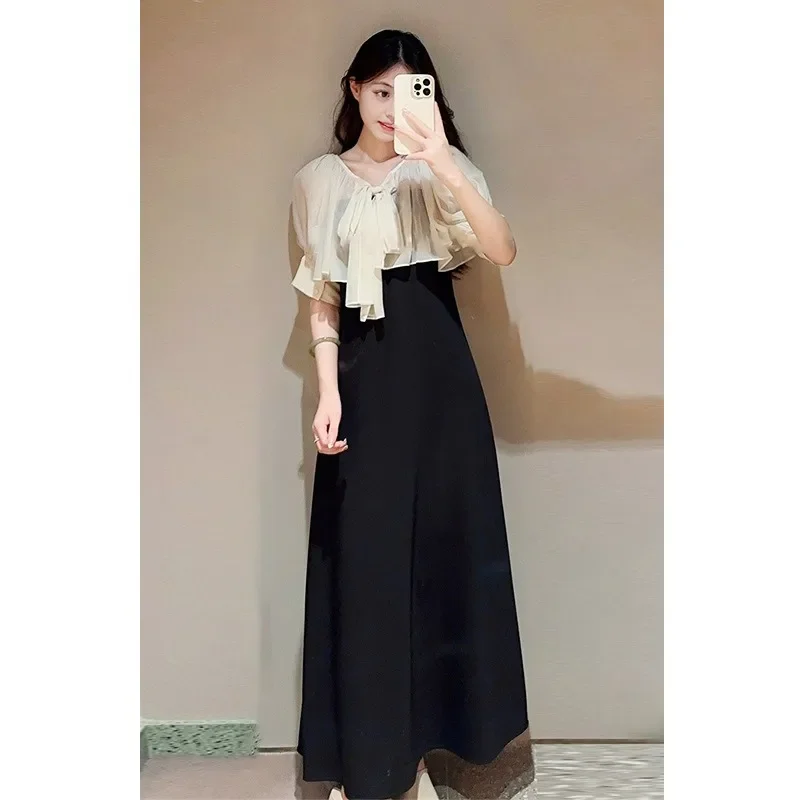 Прямое платье Kuzuwata с V-образным вырезом и бантом на воротнике пышными рукавами