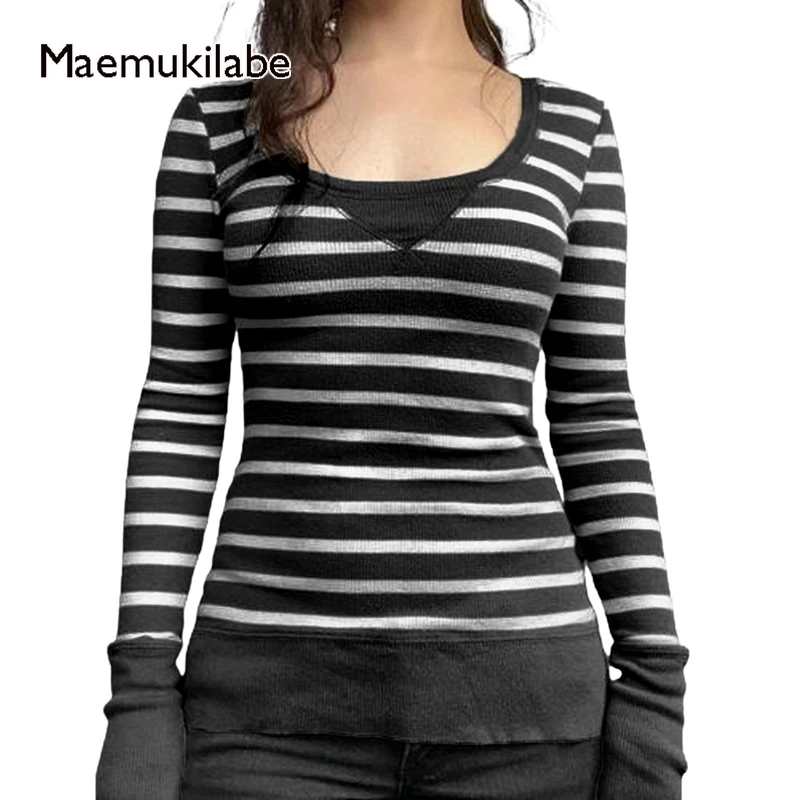 

Maemukilabe Vintage Cottage Rib Knitted Striped T Shirt Women Autumn Long Sleeve Tops Grunge Fairy Y2K Aesthetic Tees 00s Retro