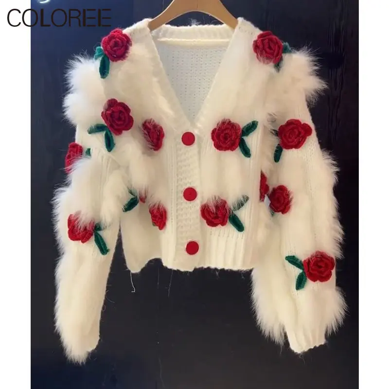 Korean Fashion Streetwear 2022 Autumn Winter Elegant Flower Oversized Sweater Women V-neck Loose Casual White Cardigan Mujer