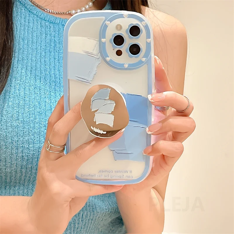 

Чехол-подставка для телефона с милым зеркалом для макияжа для iPhone 11 12 13 Pro Max X XR XS Max, мягкий прозрачный чехол, защитный чехол с синей картиной ...