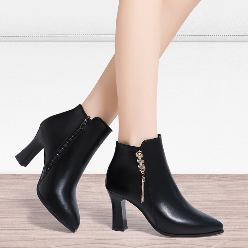 

Ankle Boots Women Shoes Woman Pointed Toe Crystal Bling Shine Leather High Heels Short Boots Female Casual Shoes Botas De Mujer