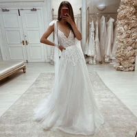 sevintage boho shinny tulle wedding dresses v neck lace appliques bow straps a line bridal gowns plus size wedding dress 2022