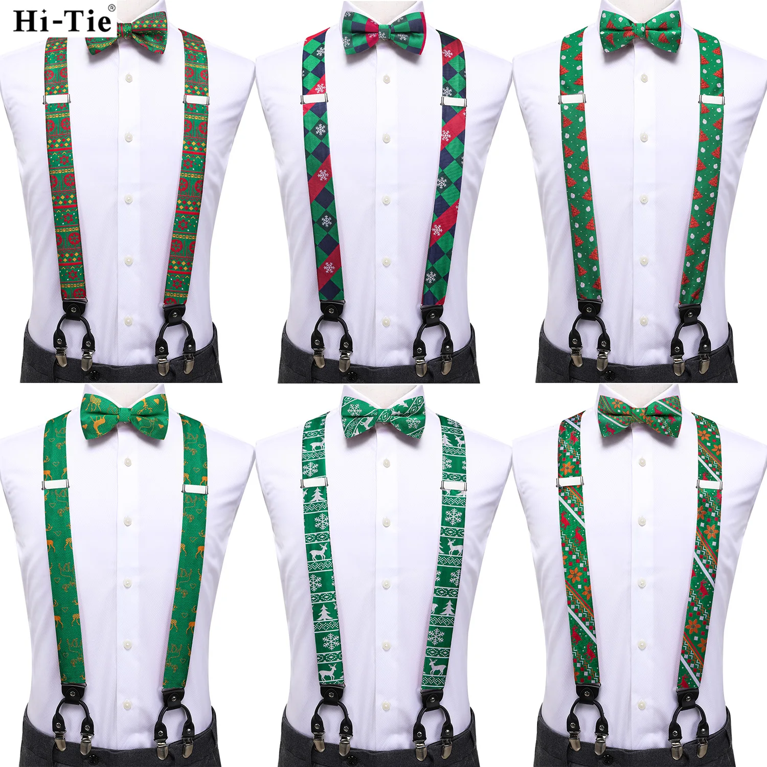 

Hi-Tie Silk Men Christmas Suspender Bowtie Hanky Cufflink Adjustable Clip On Xmas Braces for Male Wedding Business Spring Autumn