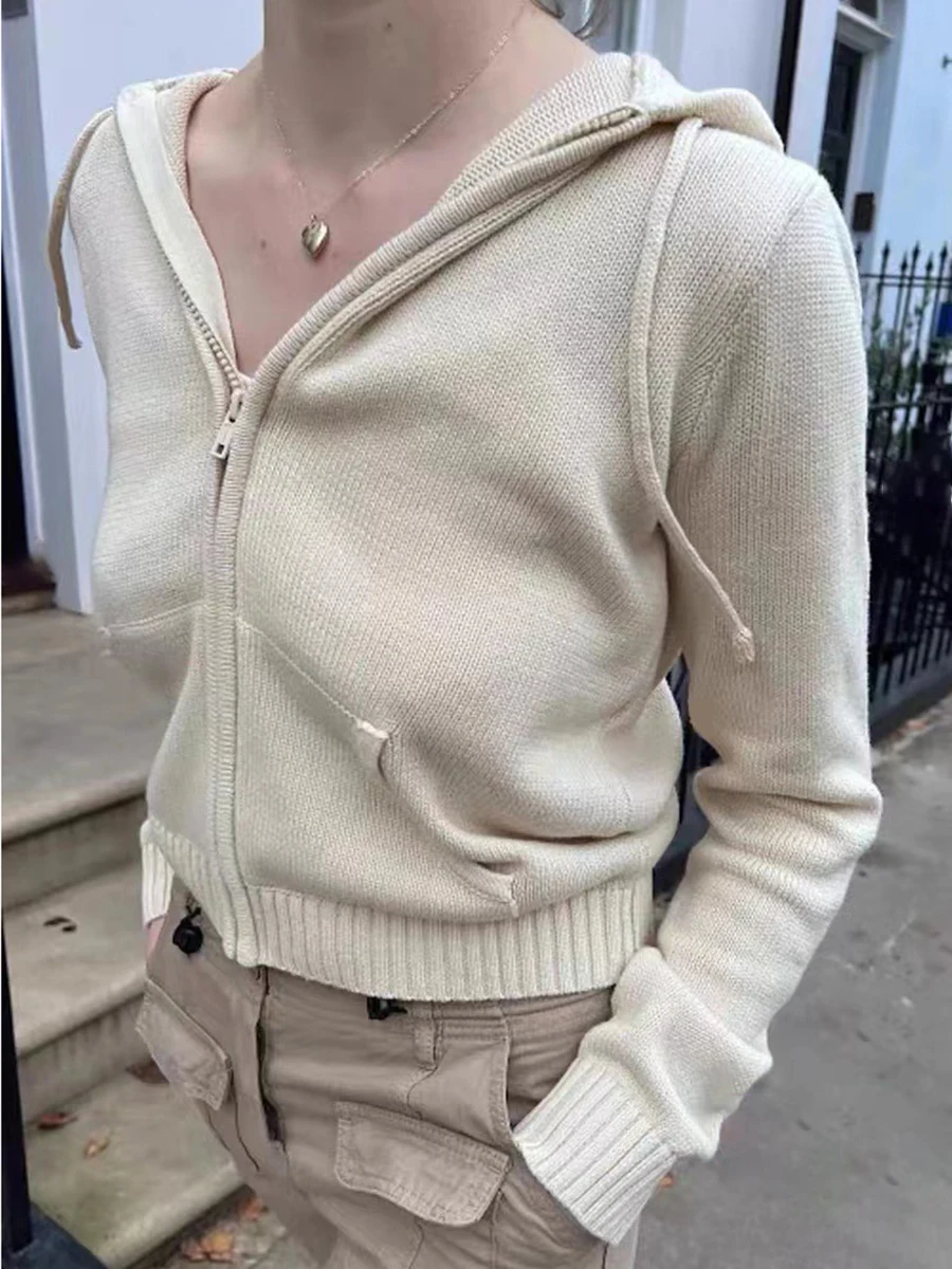 

Sweet Cute Solid Knitted Cardigan Sweater Women Autumn Winter Hooded Zipper Cotton Tops Streetwear Fashion Y2k Clothes Sweaters