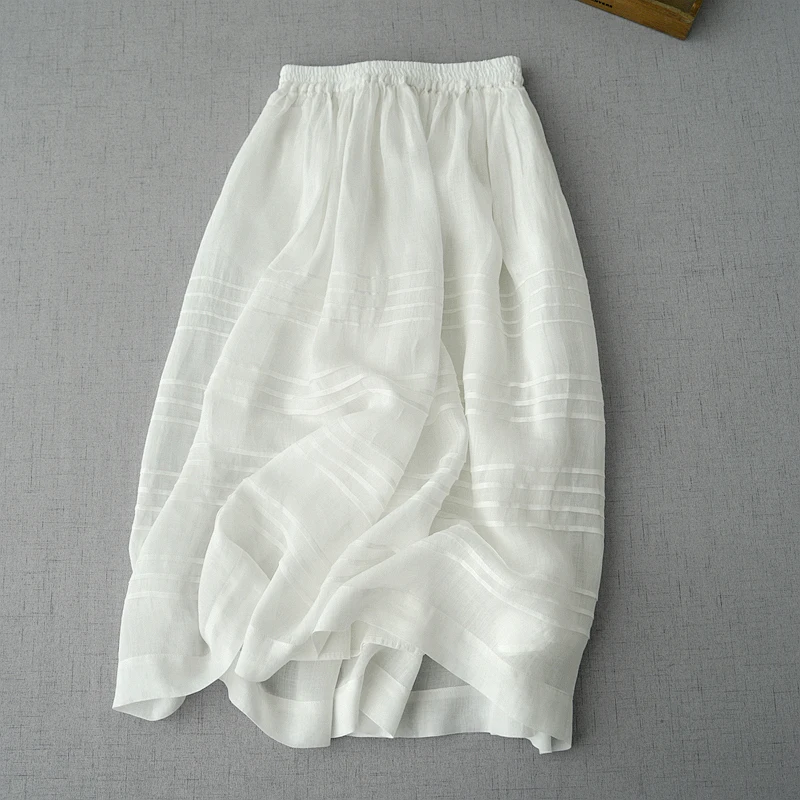

62-82cm Elastic Waist / Spring Summer Women All-match Casual Loose Flowy Comfortable Water Washed Ramie White Skirts