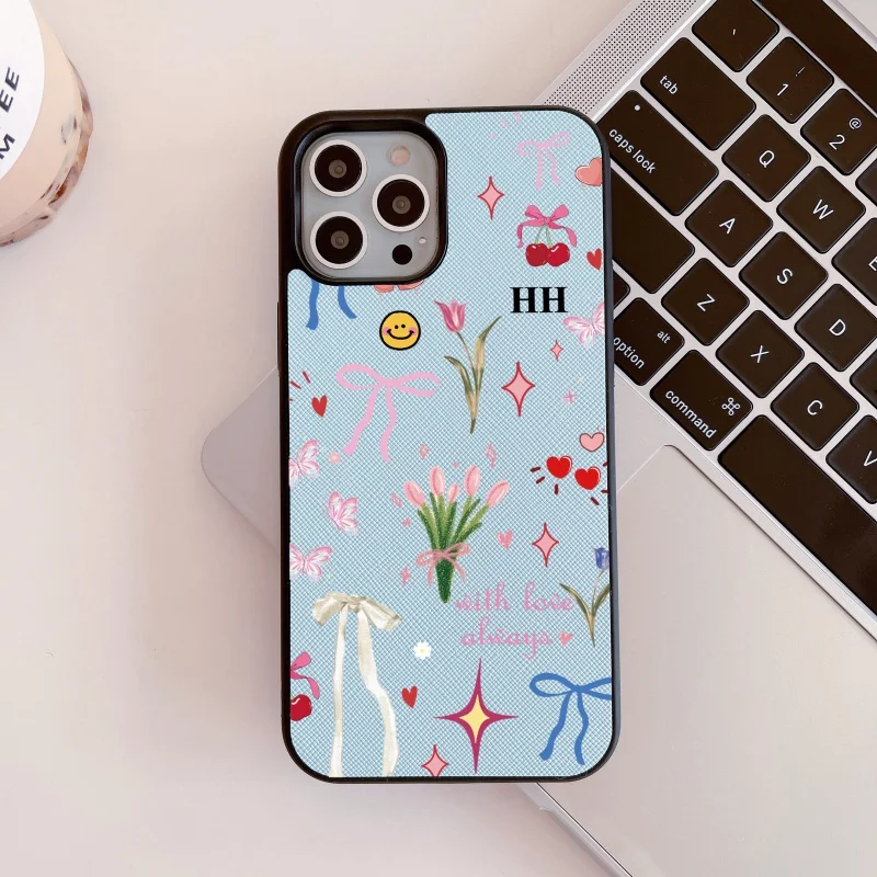 Фото Кожаный чехол из искусственной кожи CustomName Initials Blossom Flowers для iphone 15, 14, 13, 11, 12, 16 Pro Max 14, 15, 16 Plus XR XSMax, роскошный чехол №3