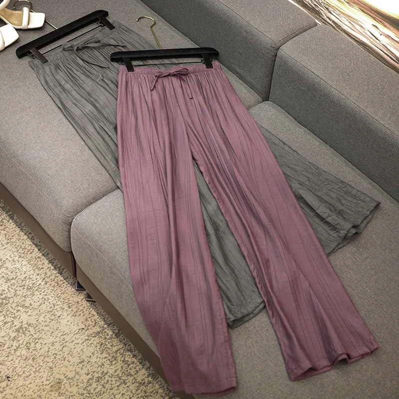 

Temperament Fashion Design Elastic Waist Breathable Crinkle Material Casual Wide Leg Pants Women Versatile Slim Women Clothing