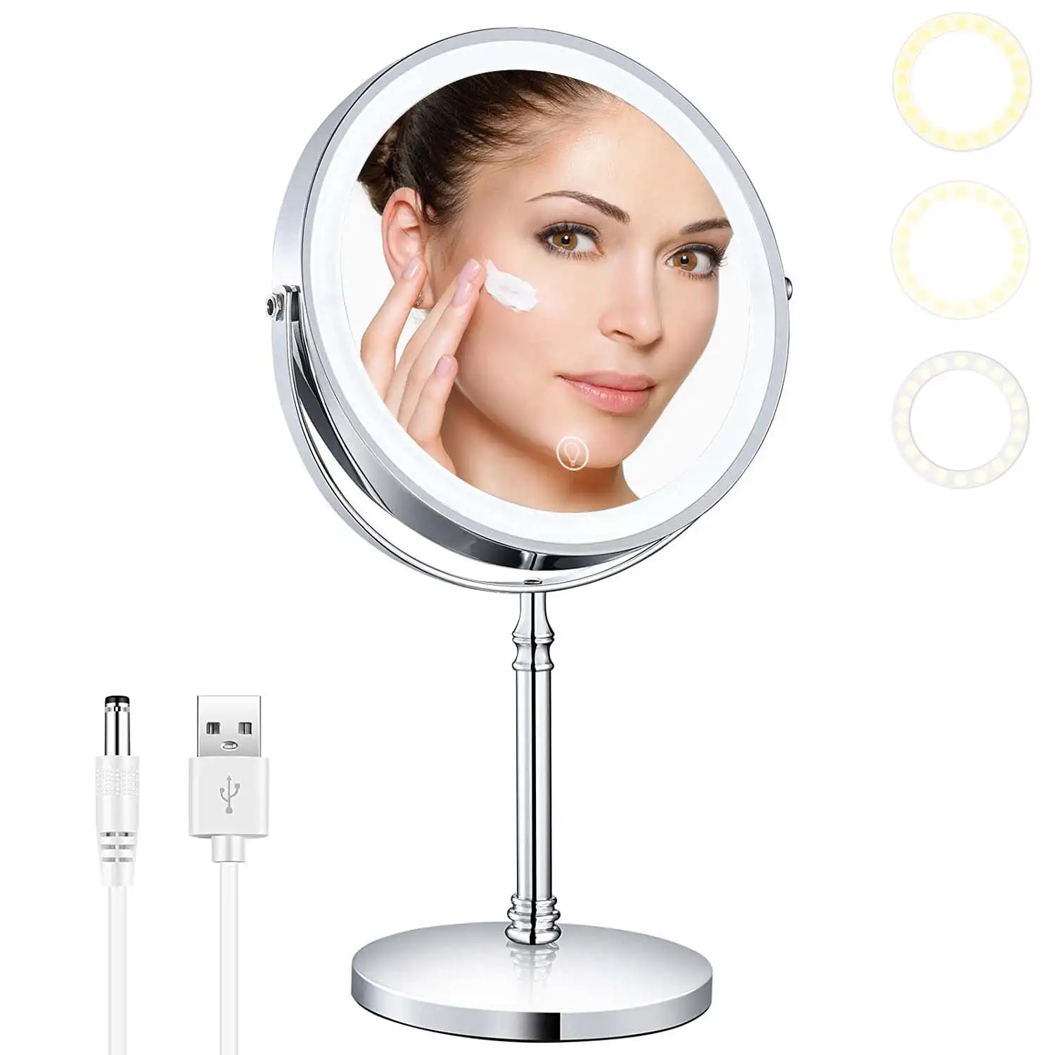 

HMTX " Vanity Mirror with Lights, 8 Inch Double Sided 1X/10X Magnifying Lighted Makeup Mirror with 3 Color Lights, Rechargeable