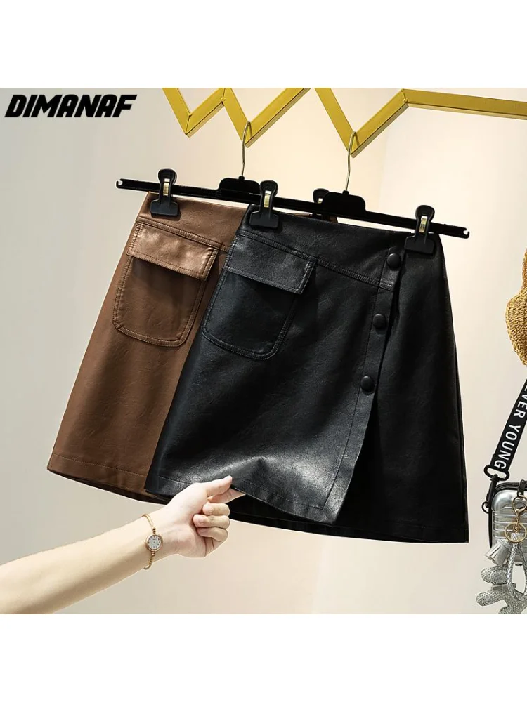 

DIMANAF Plus Size Autumn Women Skirt 2021 PU Leather High Waist Stitching Student Pleated Skirts Women Cute Sweet Girls Dance