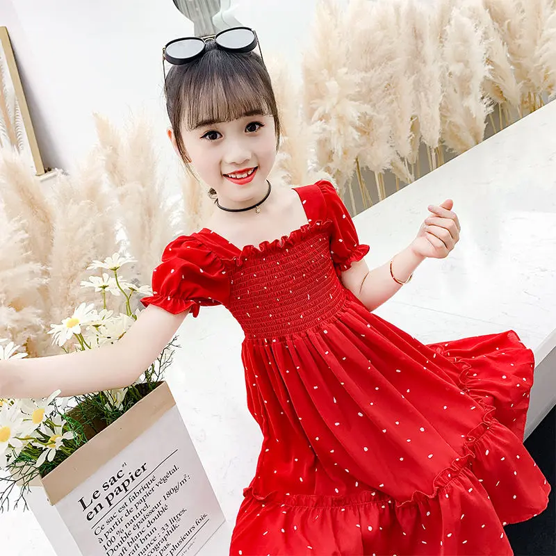 

Summer Girls Dress 12 Children's Clothing Fashion Square Collar Lantern Sleeve A-line Dresses Chiffon Princess Dress Knee-Length