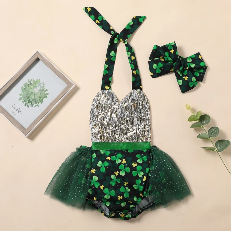 

Baby Romper with Headband, Clover Print Sequins Sleeveless Strappy Bodysuit+ Hairband for Girls, Green, 0-24 Months
