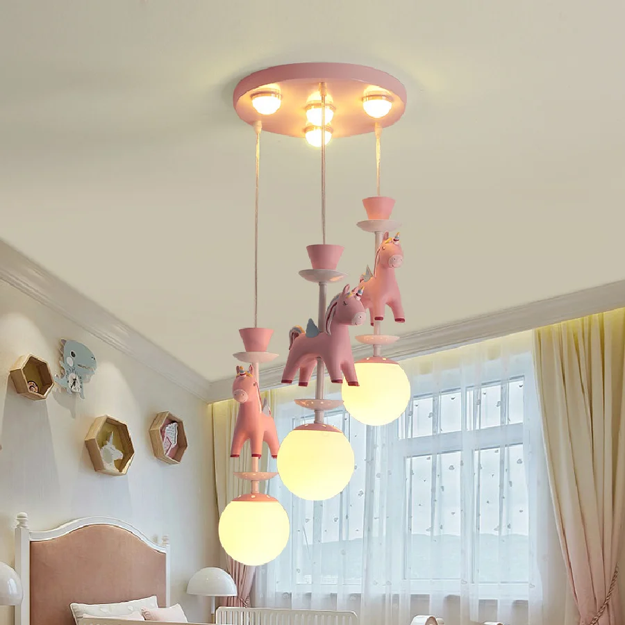 

Creative Children's Room Chandelier Cartoon Unicorn Carousel Chandelier Nordic Boys And Girls Bedroom Room Lamp