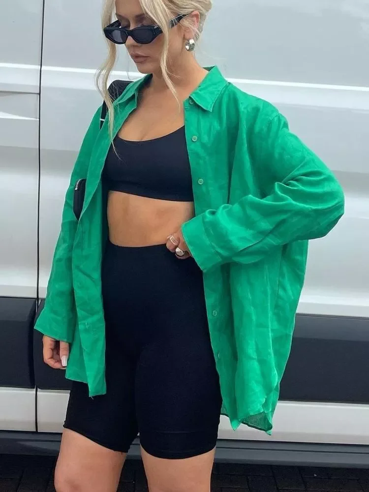 

Zevity Women Vintage Green Color Loose Linen Blouse Office Lady Single Breasted Breathable Shirt Chic Chemise Blusas Tops LS9647