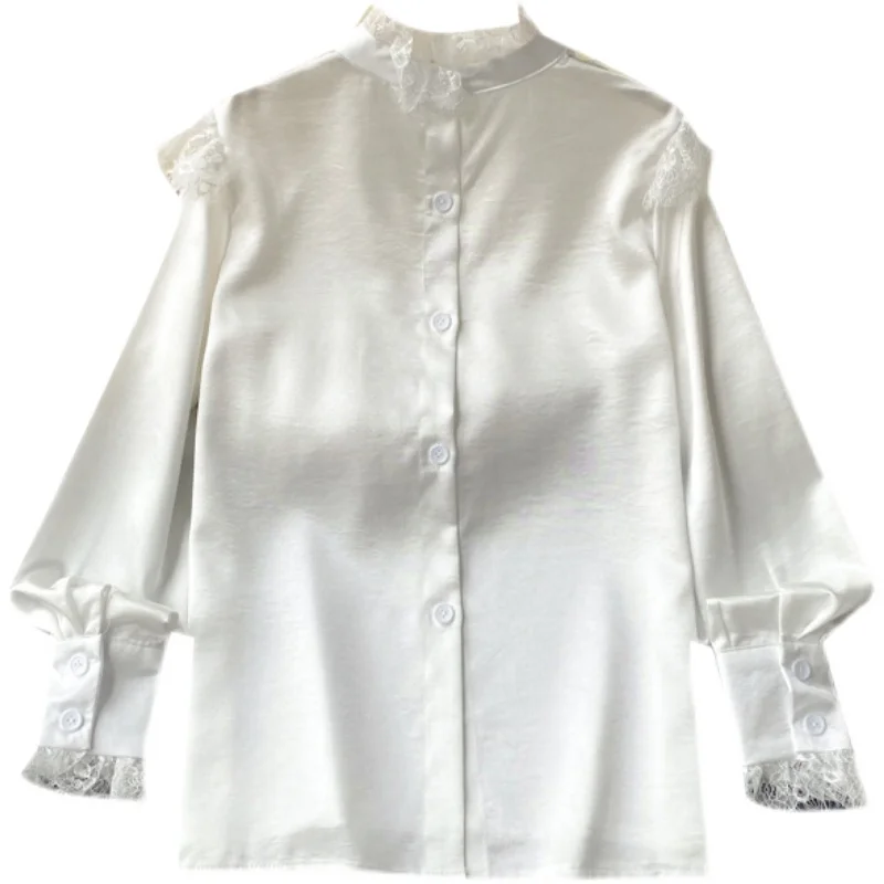 Женская атласная блузка с воротником-стойкой однотонная приталенная из шифона