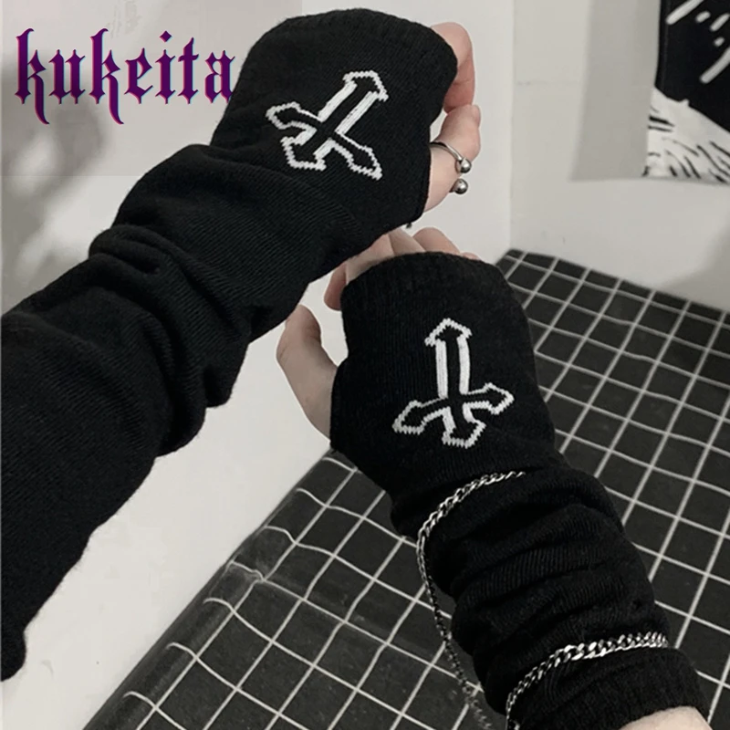 

Harajuku Gothic Black Cross Star Print Women Gloves Punk Rock Streetwear Vintage Knitted Long Sleeves Half Finger Gloves Unisex