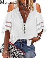sexy lace patchwork flared sleeve off shoulder mesh solid shirt blouse 2022 summer women zipper v neck loose casual tops t shirt