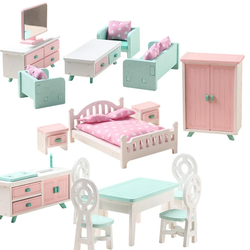 

Doll House Wooden Furniture Role Play Family Kitchen Bedroom Assembly Doll Mini Color Pretend Wooden Furniture Set Toy Boy Girl