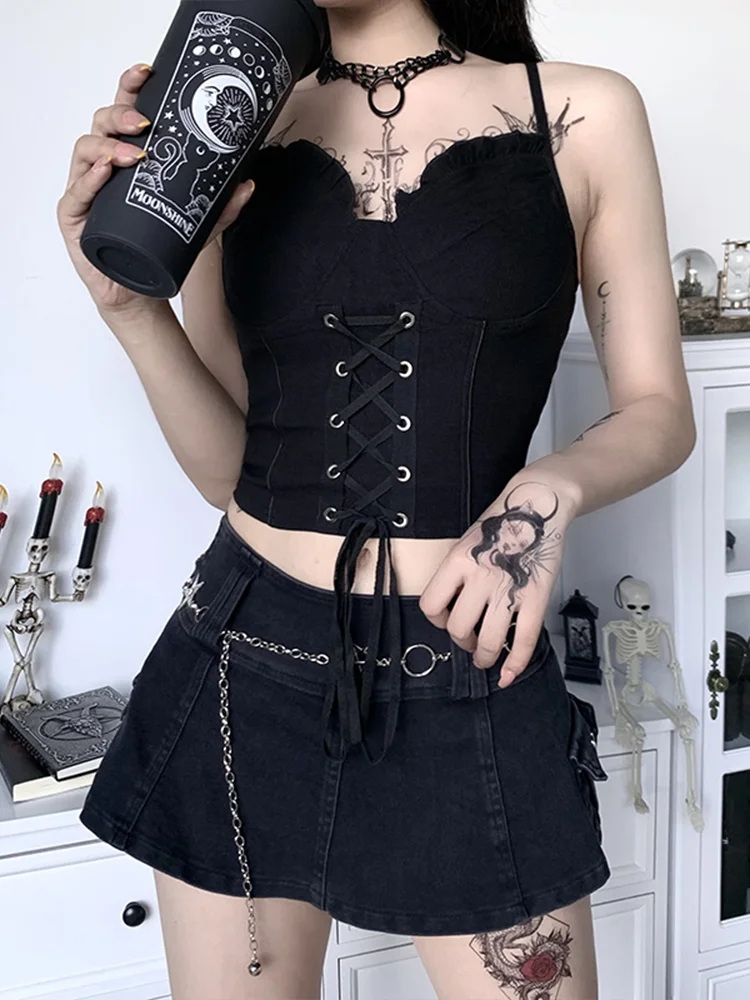 

Vintage Sexy Bandage Camis Women Gothic Black Spaghetti Strap Backless Bodycon Crop Tank Tops Female Vintage Camisoles Summer