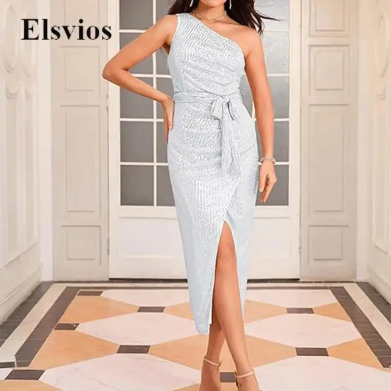 

Сексуальное блестящее Клубное облегающее платье с блестками, модные женские облегающие длинные платья на шнуровке, элегантное женское платье с одним открытым плечом и скошенным воротником