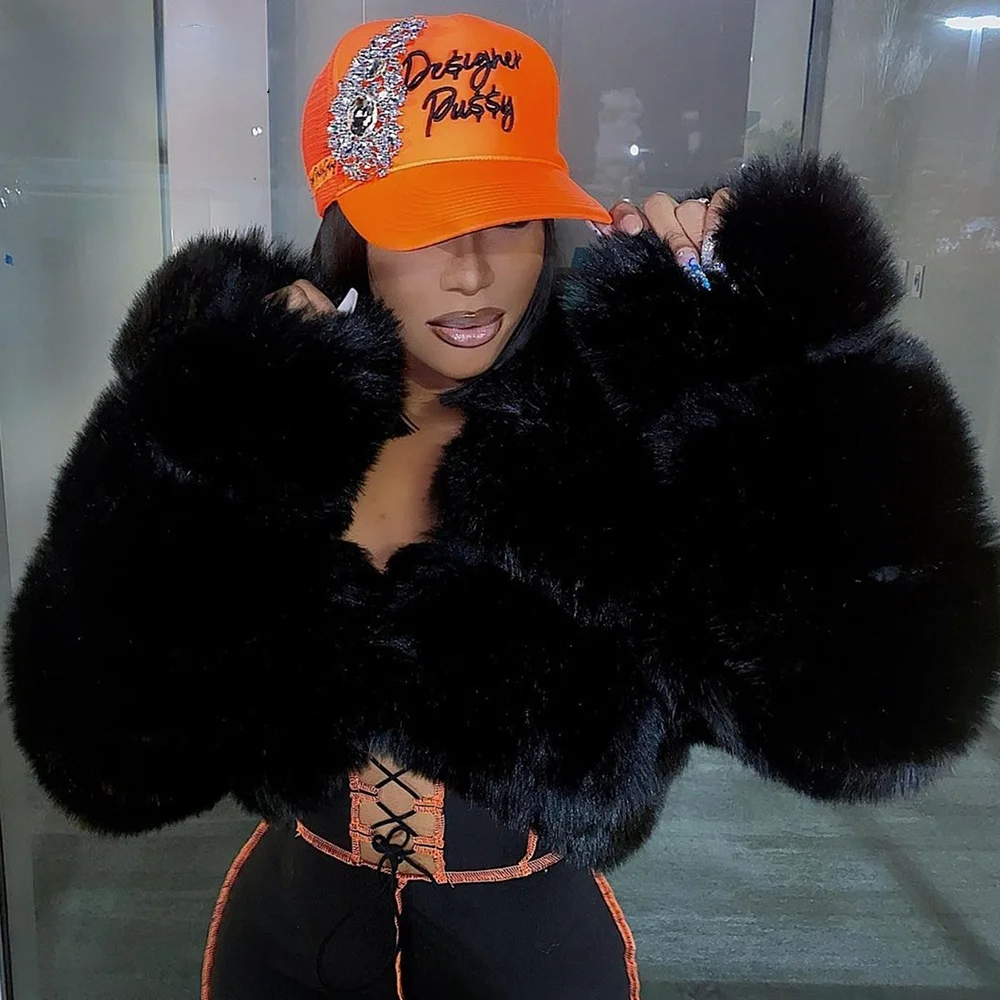 Fashion Autumn Winter High Quality Faux Fox Fur Coat Women 2021 Vintage Long Sleeve with Cap Slim Short Jackets Furry Coat Femme