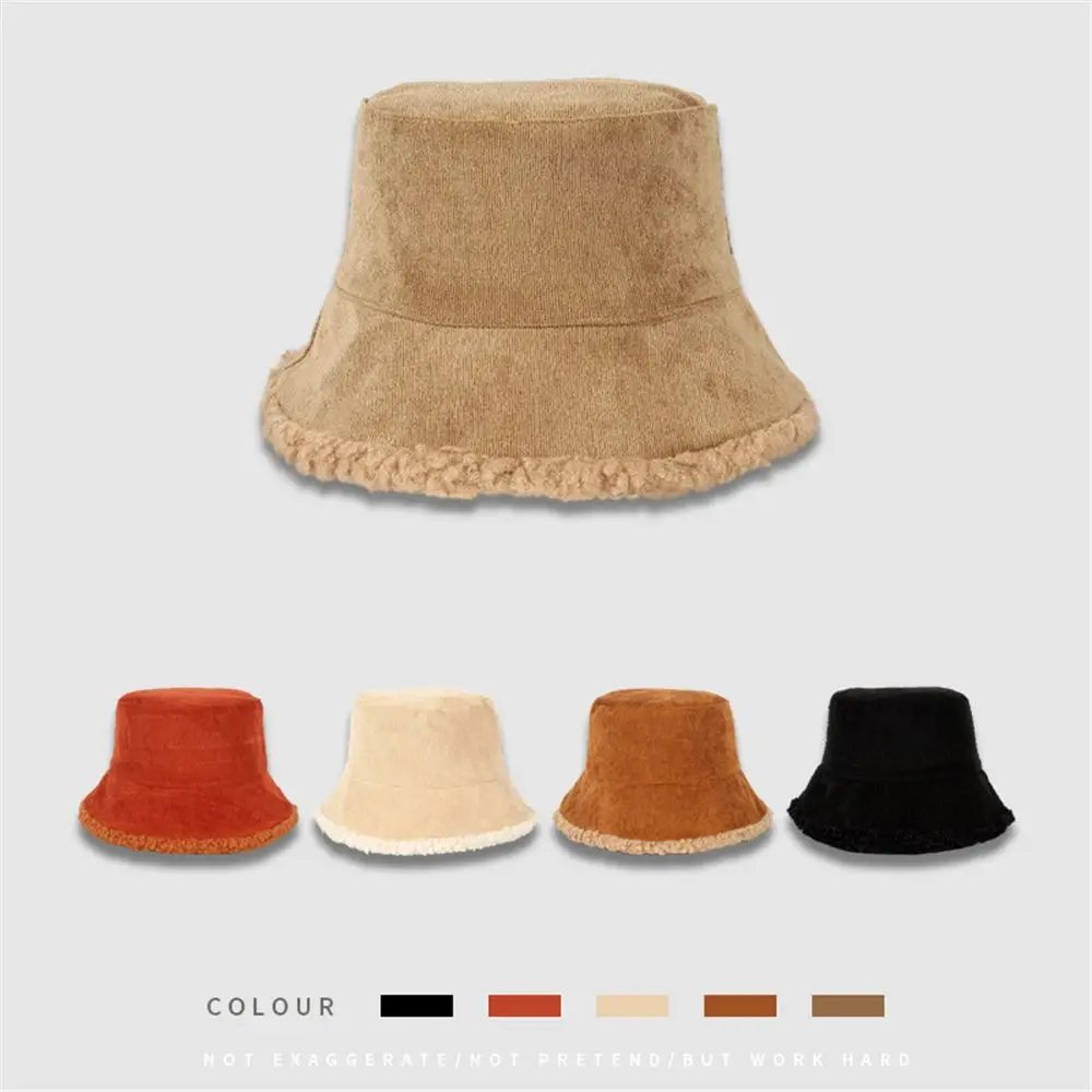 

Fashion Windproof Warm Solid Color Plush Hat Corduroy Bucket Hat Panama Cap