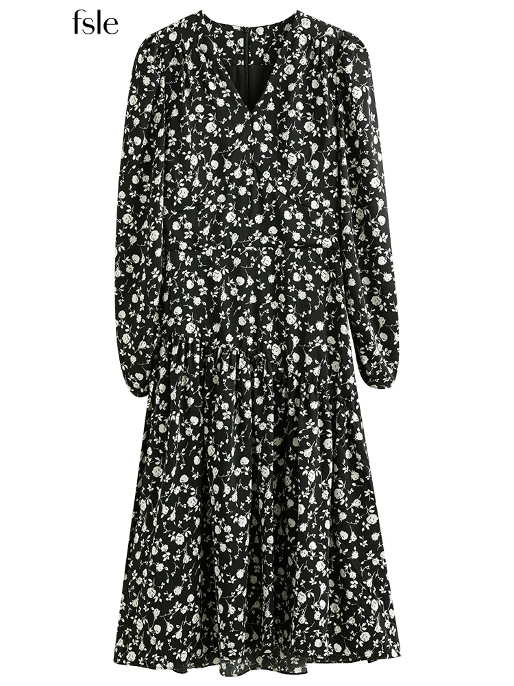 

FSLE Французский Стиль Шифоновое платье с цветочным принтом Женщины вырез С длинным рукавом Элегантный Female Dress Autumn