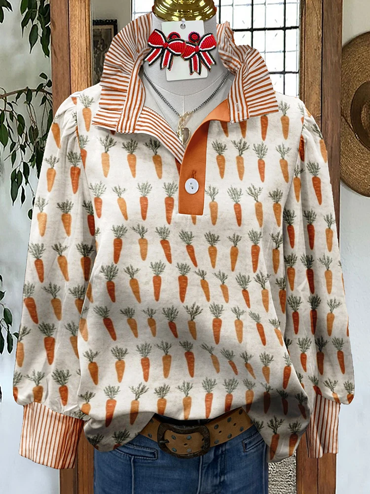 Винтажная рубашка с пышными рукавами и принтом пасхальной моркови