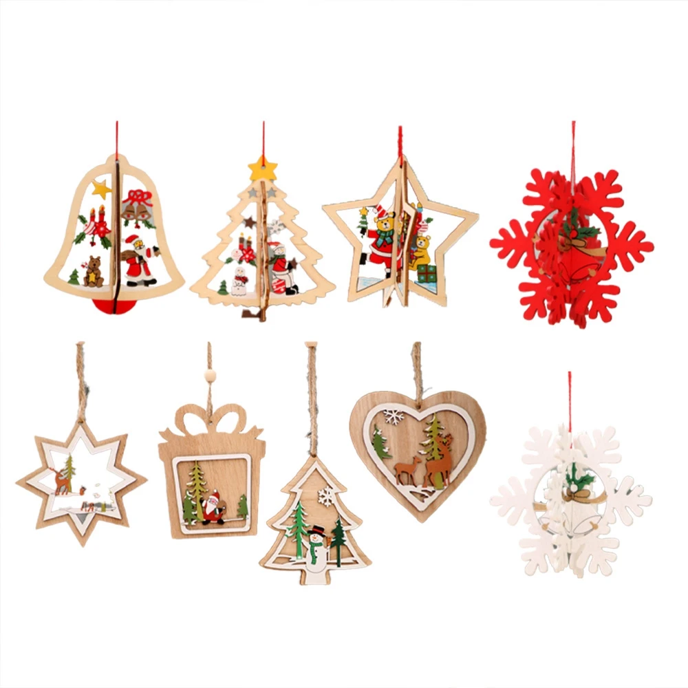 

New Year 9PCS 3D Christmas Ornament Wooden Hanging Pendants Star Xmas Tree Bell Christmas Decorations for Home Navidad