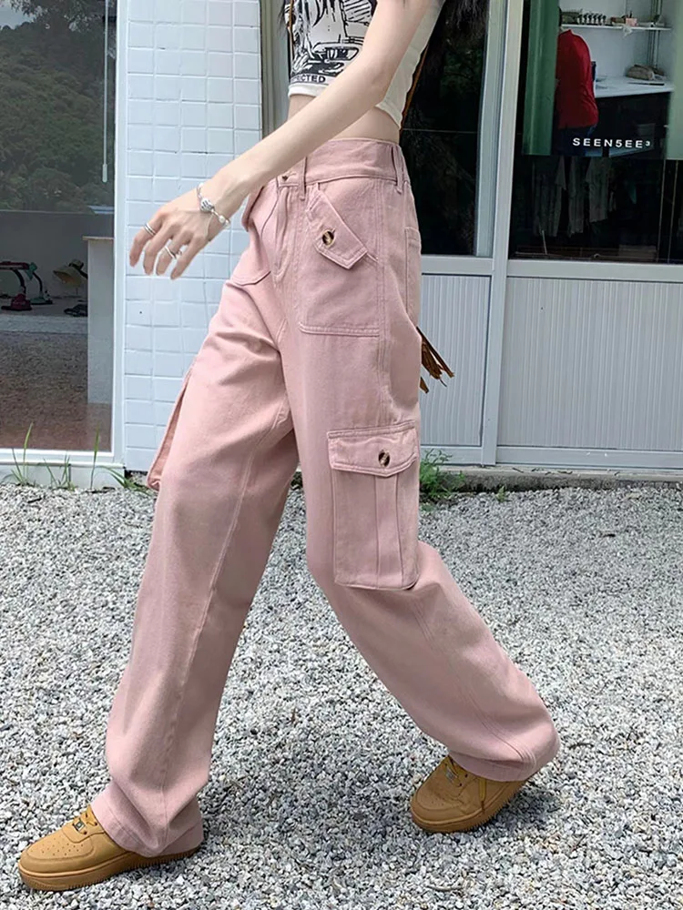 

Брюки-карго женские в американском стиле, узкие прямые джинсы с завышенной талией, со множеством карманов, свободные повседневные штаны с широкими штанинами, розовые, на лето