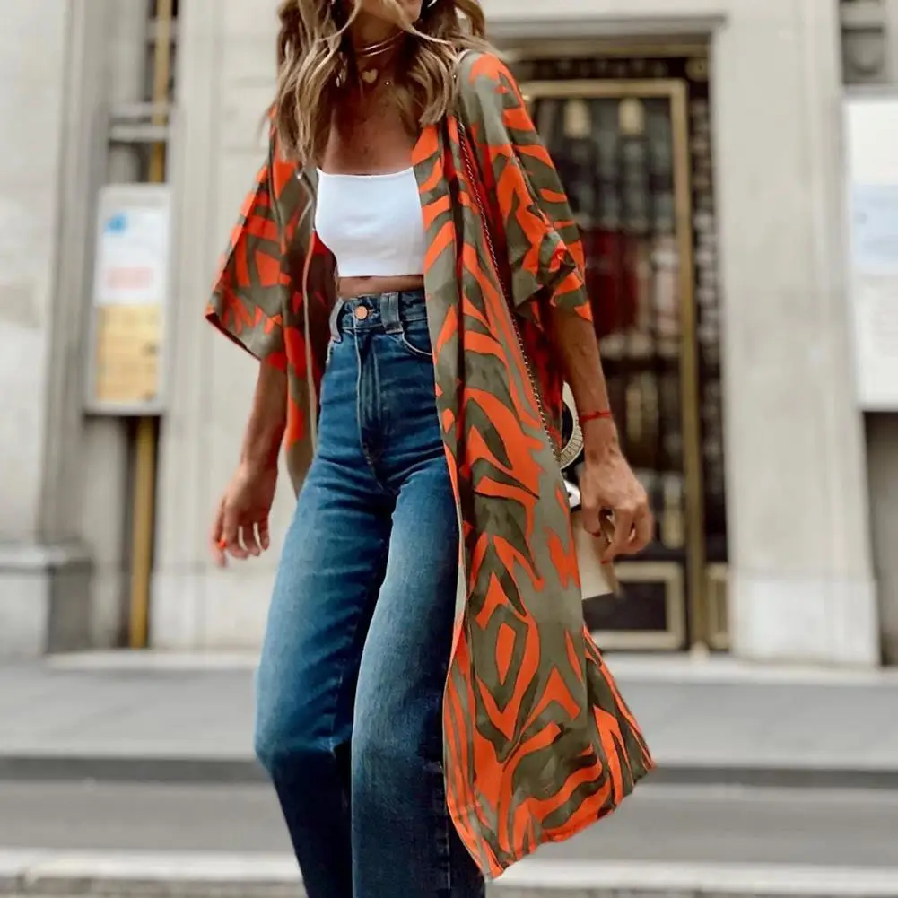 

Summer Women Beach Coat Contrast Color Cardigan Open Stitch Print Sun Protection Lady Jacket for Outdoor Female Clothing