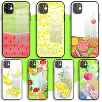liquid glass case for iphone 13 11 12 mini pro max xs xr x 7 8 6 plus se2 silicone cover summer fruit lemon watermelon pineapple