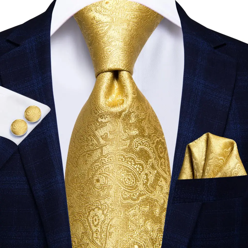 

Paisley Gold Yellow Silk Wedding Tie For Men Handky Cufflink Gift Men Necktie Fashion Designer Business Party Dropshiping Hi-Tie