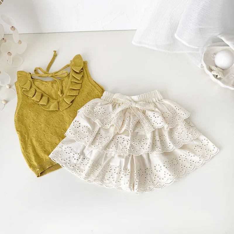 

Summer Baby Girls Cotton Ballet Embroidered Shorts Kids Lace Bow Cake Pants