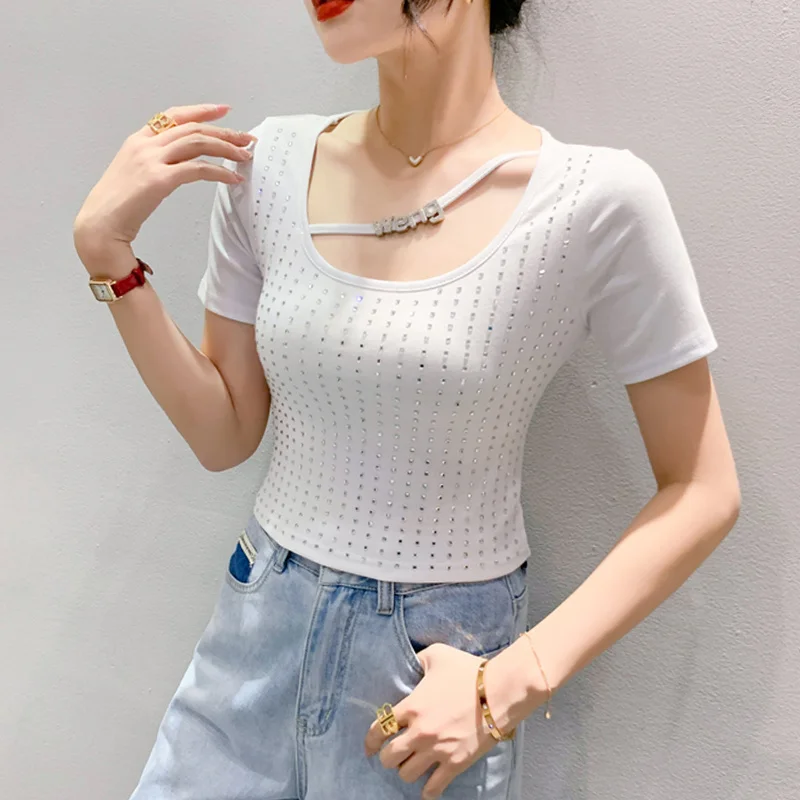 #5552 футболка с коротким рукавом женская сексуальная клубная Футболка со стразами