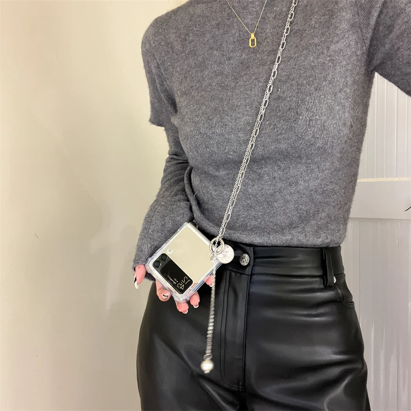 

Luxury Silvery Metal Crossbody Lanyard Makeup Mirror Case for Samsung Galaxy ZFlip 4 Z Flip 3 Flip3 ZFlip 5G Shockproof Cover