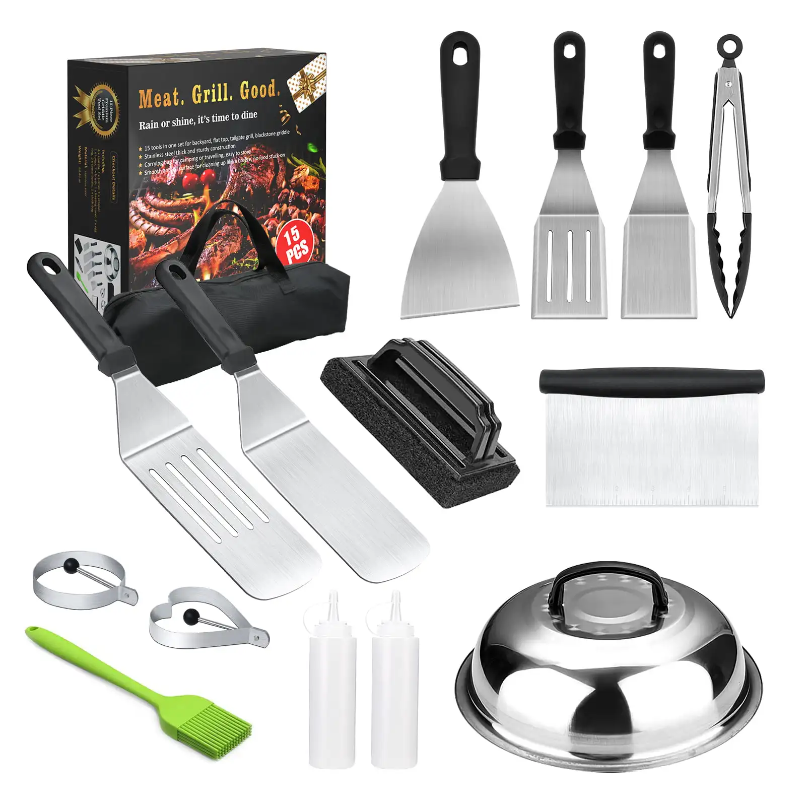 Griddle Accessories, 15PCS Flat Top Grilling Accessories Kit with Spatula, Basting Cover, Scraper, Bottle, Tongs, Egg Rings & Ca