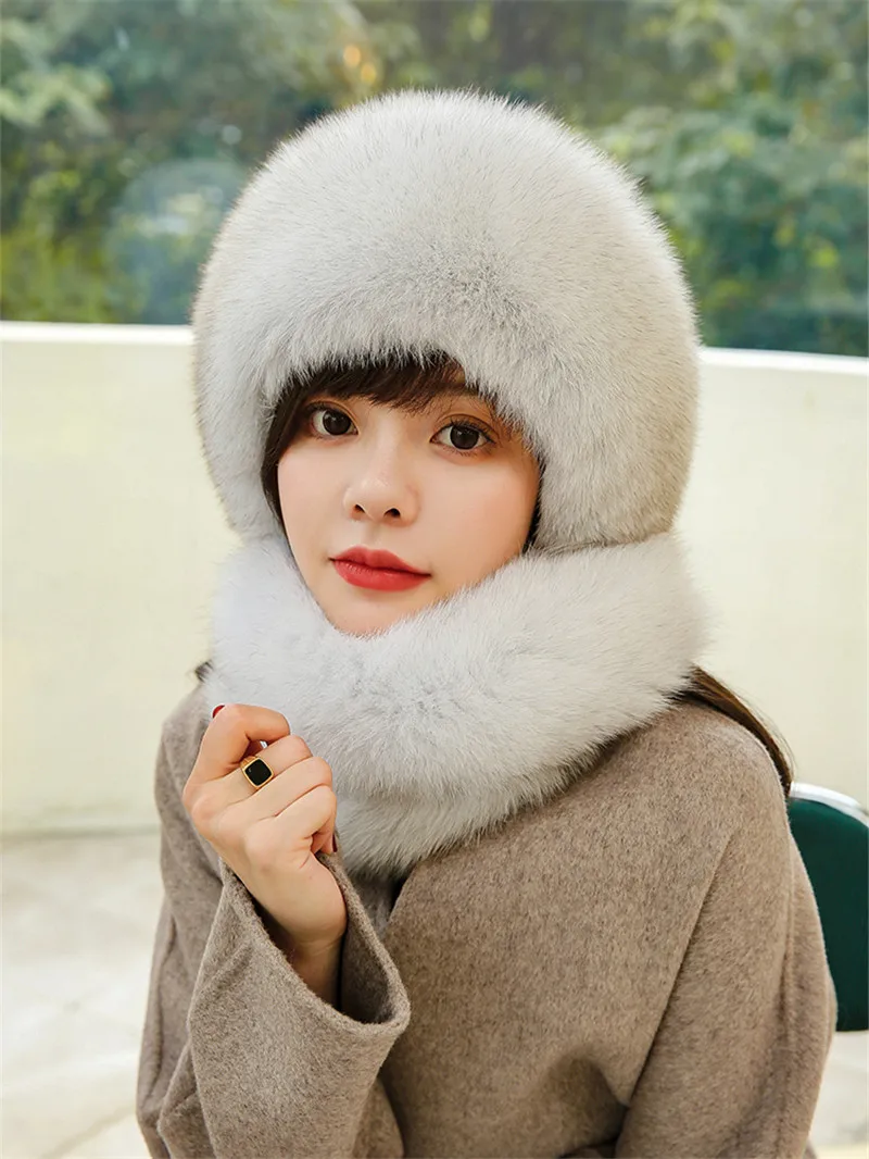 New Women Natural Fur Hat Scarf Winter Fox Fur Earmuffs Hats Thickened Warm Cap Extended Russian Fashion Real Fur Hats