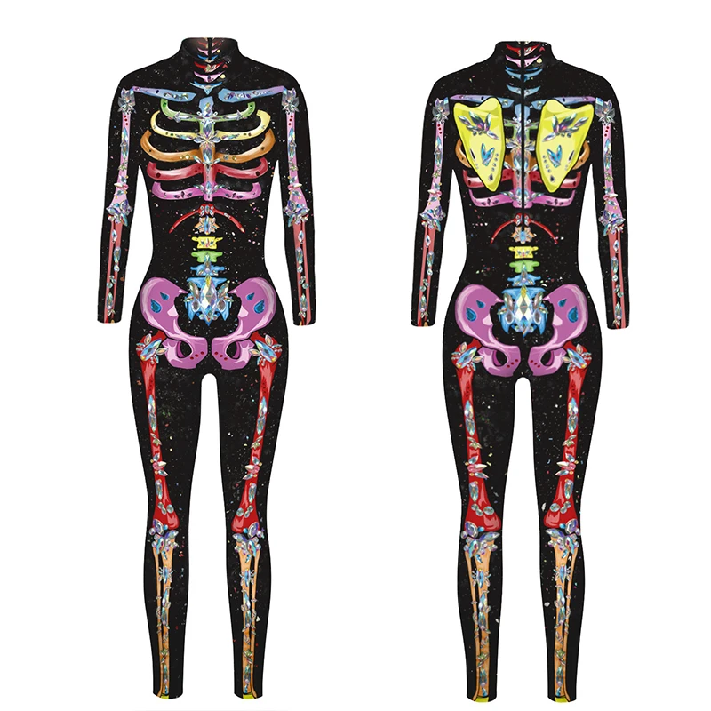 

Women Sexy Slim Jumpsuit Cosplay Costume Halloween Party Skull Skeleton Floral 3D Print Catsuit Bodysuit Fancy Carnival Clothing