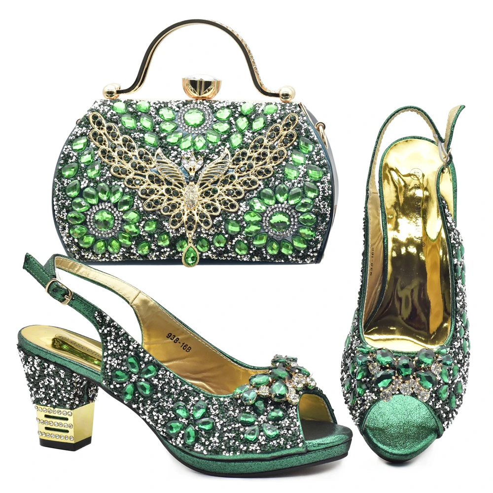 

doershow African fashion Italian Shoes And Bag Sets For Evening Party With Stones green Italian Handbags Match Bags! SDF1-8