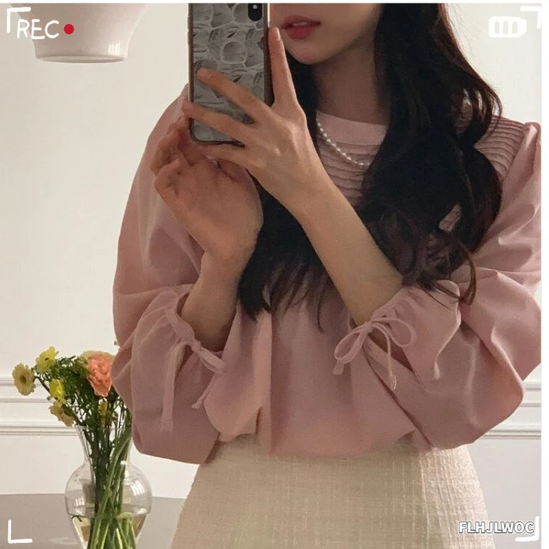

Шикарные корейские топы, женские блузы, милая Весенняя японская однотонная белая трапециевидная блузка с баской для девушек, розовые рубашки, блузки, 2023