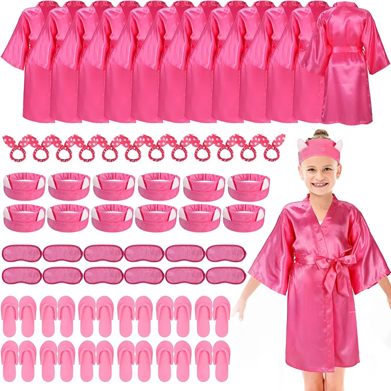 60Pcs Spa Party Supplies for Girls Satin Kimono Robe Disposable EVA Foam Slippers Eye Mask Spa Headband Bow Hair Band Kid Salon