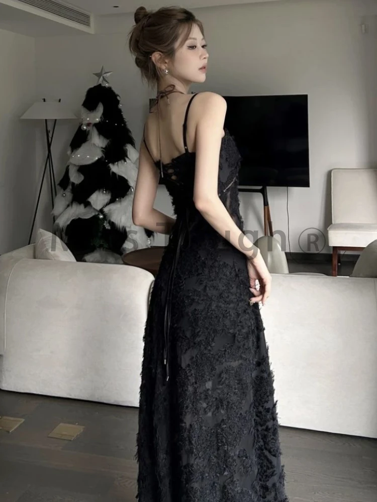 Черное сексуальное женское платье средней длины летнее Прозрачное на бретелях Y2k