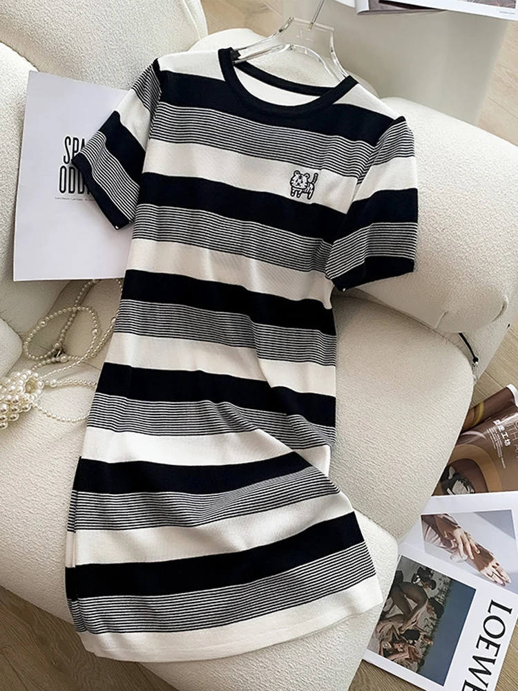 

Striped Dress Women's Knitted Sweater Loose Straight Short-sleeve T-shirt Dress 2022 Summer Casual Dresses for Women Calf Length