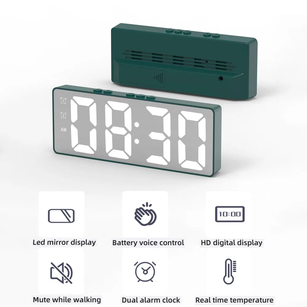 

Светодиодный цифровой будильник, умные настольные электронные часы с функцией повтора, отображения температуры и даты, зеркало с голосовым...