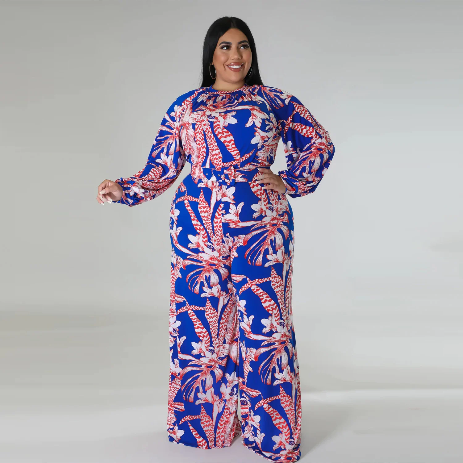 

Plus Size Women's Fashion Printing Jumpsuit Oversized Loose Casual Long Sleeve Rompers Lady Commute Straight Wide Leg Pants