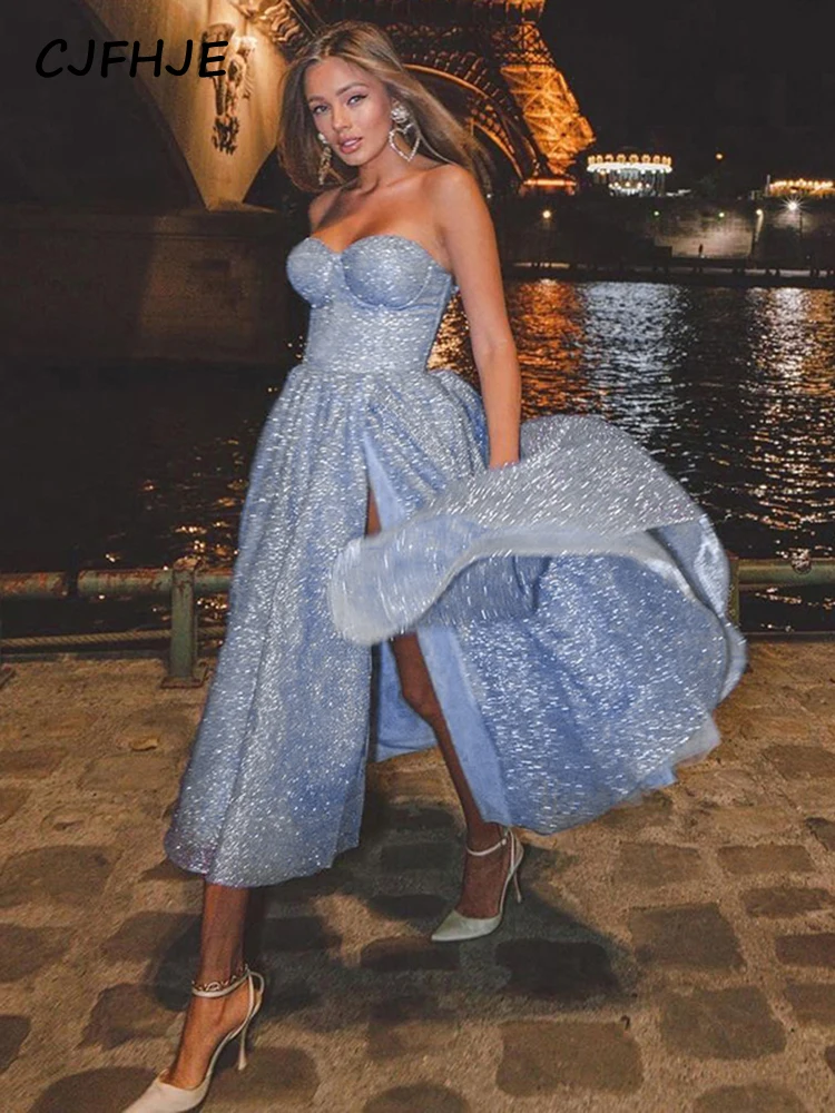 

CJFHJE Shine Strapless Sleeveless Backless Fit and Flare Princess Dress 2022 Fall Bodycon Evening Party Elegant Vestido Y2K