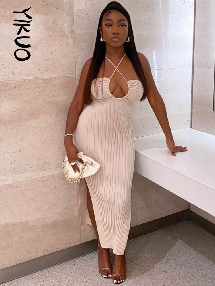 

YIKUO Lace Up Women Halter Stripe Knitted Midi Dress Side Slit Backless Bodycon Sexy Streetwear Party Club 2022 Summer Clothes
