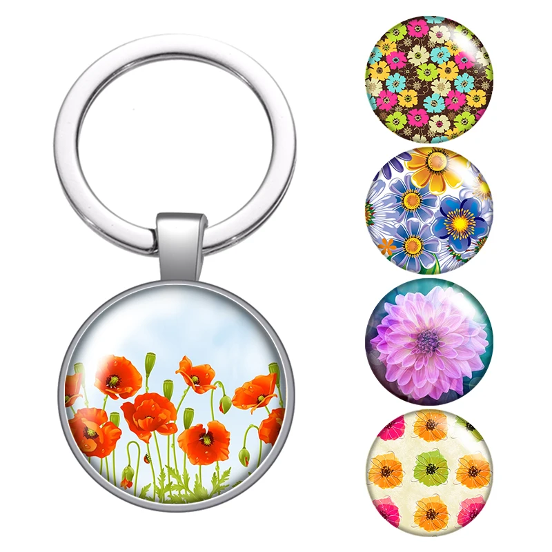 

painting Flowers beauty glass cabochon keychain Bag Car key chain Ring Holder Charms silver color keychains for Men Women Gift