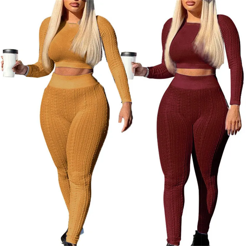 

WUHE Knitted Elegant Women Set Spring Mini Long Sleeve Tee and Pants Suit Sweatsuit Tracksuit Two Piece Set Fitness Outfit
