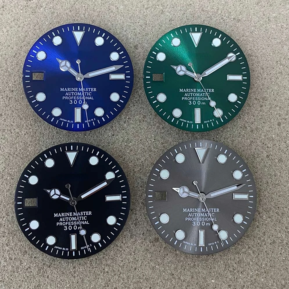 

S 28.5mm Watch Dial Sun Backhand Calendar Watch Dial Green Luminous and Pointer NH35 Movement Modification Accessories